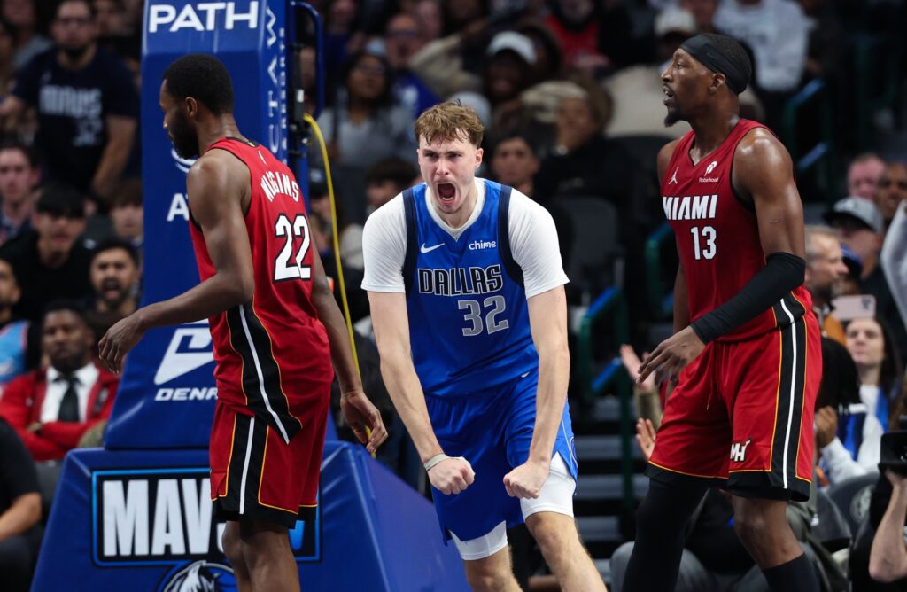 Dallas Mavericks forward Cooper Flagg (32) reacts after scoring during the fourth quarter against the Miami Heat at American Airlines Center.